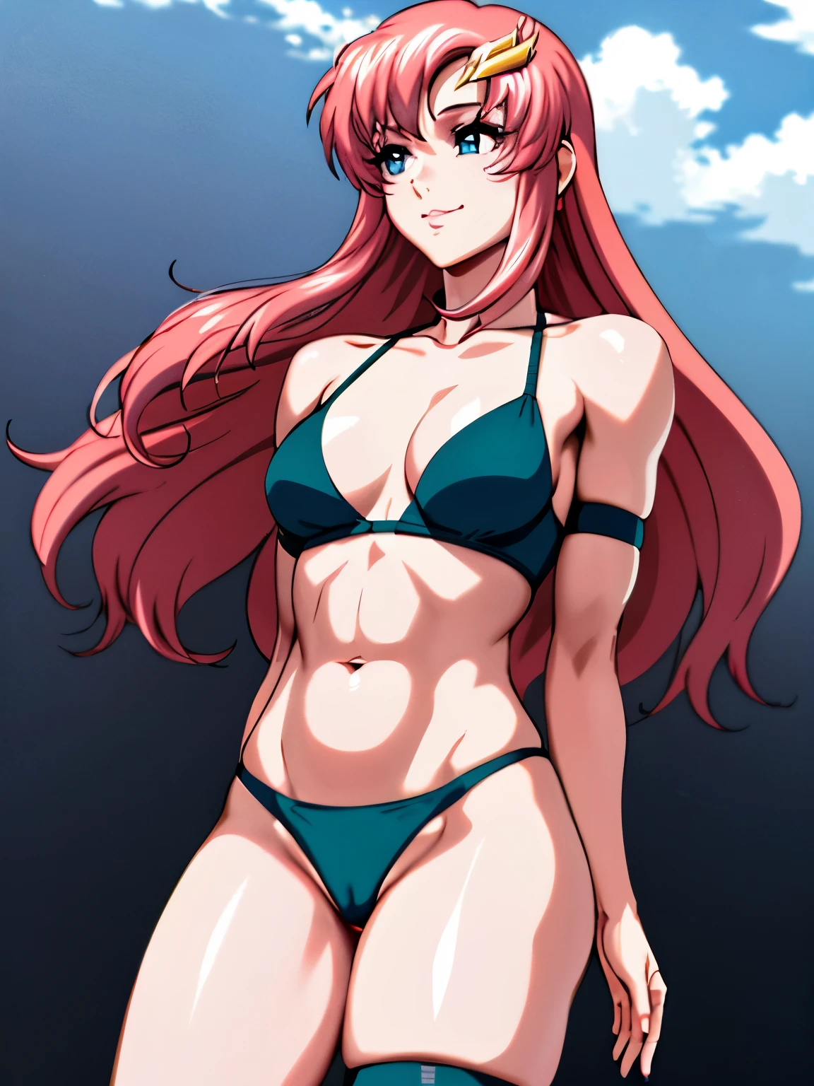 lacus4, (green bikini, lying, transparent thong, ((pussy)), tall girl, masterpiece, cowboy shot, very slim shoulders, 4K, Best Quality, Anime style: 1.9, happy, Adult Woman, (ultra detailed head), (Crowd, cloud background), Drawing lines, high resolution, lacus4), clavicle, scapular, (Detailed wide hair bangs, Detailed reddish-pink hair, long detailed hair, slim arms, white skin), cleavage, (hair cover shoulders). (Big blue eyes, shiny eyes), ((female wrestler, (slim body), small shoulder blades, slim arms, thighs)), ((perfect proportions, medium breasts, medium thighs, half belly, defined arms)), ((leg strap)), smile with a wink, (lying, hot colors), detailed fingers, (bare shoulder, looking away)