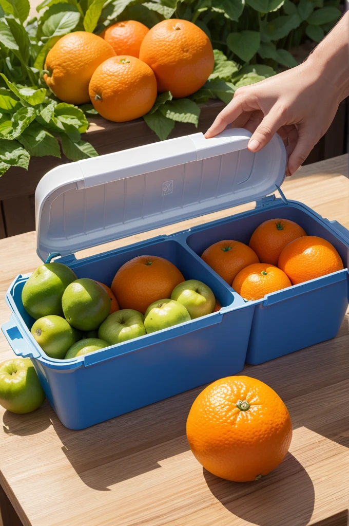 Fruit and vegetable box made of plastic with orange inside