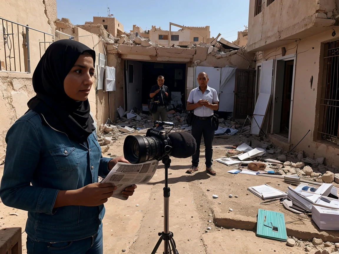 Create an image depicting journalism and communication during a crisis in the Al Haouz area of Morocco following an earthquake. The scene should show a partially damaged town with traditional Moroccan buildings. In the foreground, illustrate journalists reporting live: one journalist is speaking into a microphone in front of a camera, another is taking notes, and a third is interviewing a local resident. Include elements like a news van, cameras, and microphones. Surrounding them, show residents gathered, some reading newspapers, others watching a television set up on a temporary stand broadcasting news. The atmosphere should convey the crucial role of journalists in sharing information, providing updates, and supporting the community during the crisis.