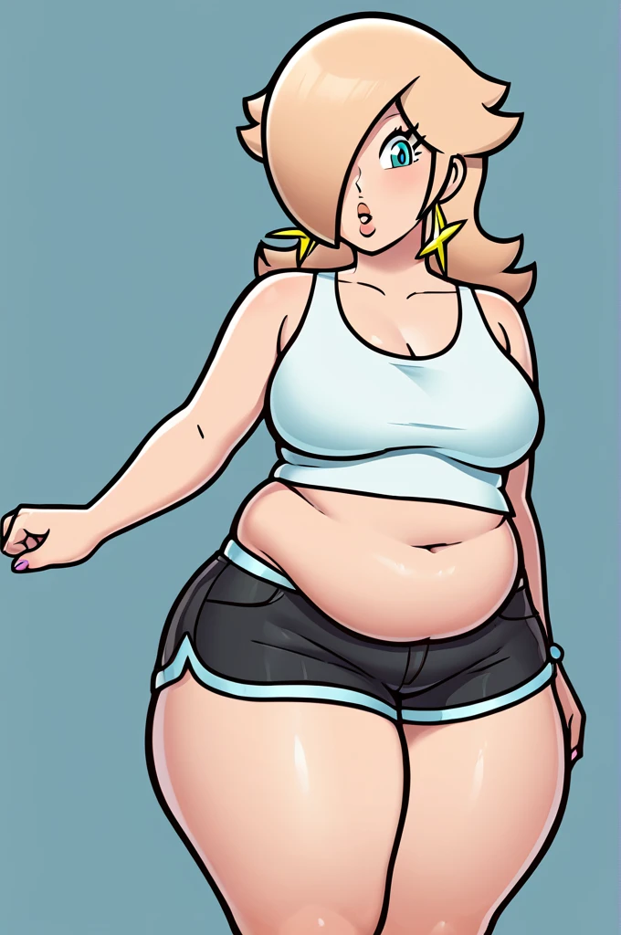 score_9, score_8_up, 2D, flat color, thick outlines, 1girl, solo, rosalina, White tank top, black shorts, ((chubby body)), ((big thighs))