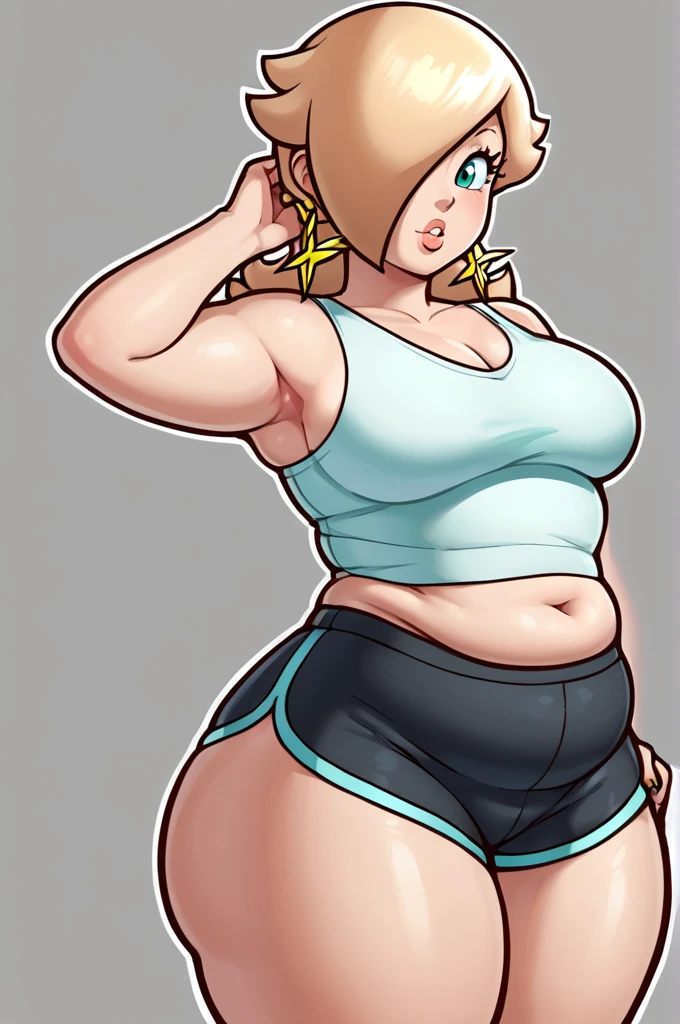 score_9, score_8_up, 2D, flat color, thick outlines, 1girl, solo, rosalina, White tank top, black shorts, ((chubby body)), ((big thighs))