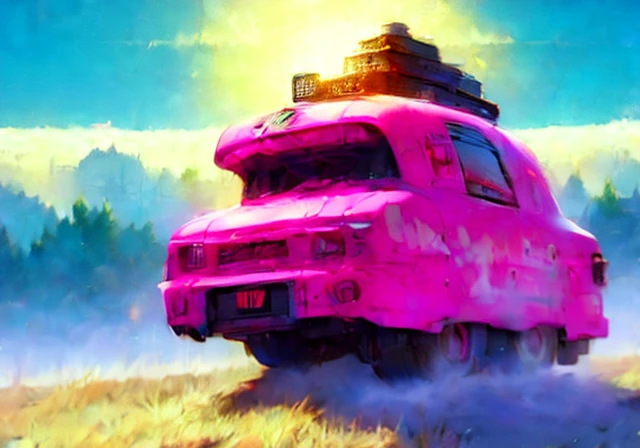 masterpiece, Pink Drone Monster Truck Car, official pose, detailed portrait, portrait, bokeh, clouds and mountain background, samurai, onmyoji style, high resolution, Dramatic lighting and shadows, sun flares, blurred foreground