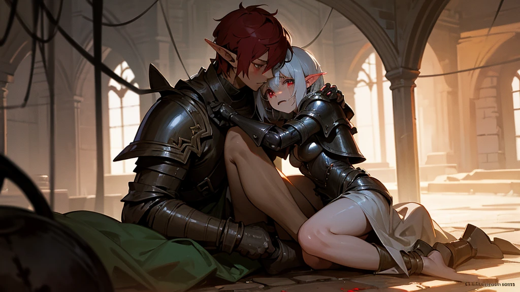 Evil elf girl with red eyes and short hair in shackles in a dungeon. naked. beat up. crying. A guy sits next to her and hugs her. guy dressed in armor