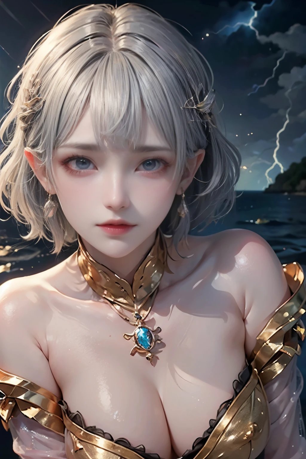 Realistic feel、(masterpiece, Highest quality, beautiful girl, Pretty face:1.5), (Gray pink short hair:1.5), (whole body, bangs:1.2), Narrow waist, (thunderstorm background:1.4), Beach, (horizon, Beautiful sea, null, :1.2), bikini, Face Light, 8k, Official Art, オリジナルphotograph, Very ridiculous, Depth of written boundary, Looking at the audience, Surreal, High resolution, photograph, Film Grain, Color Difference, Sharp focus, Bokeh Background, Dynamic Lighting, Most detailed, Very detailed, Very detailed, Fine details, Very detailed eyes and face