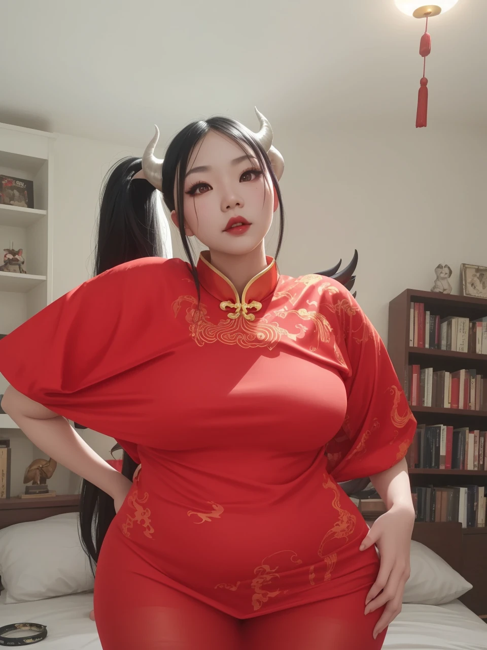 Bedroom, bookshelves, Succubus, demon horns, demon tail, chinese dress, nsfw, tights, large breasts, full body, simple background, slender Asian woman, sexually perfect, long dark hair, hand on hip