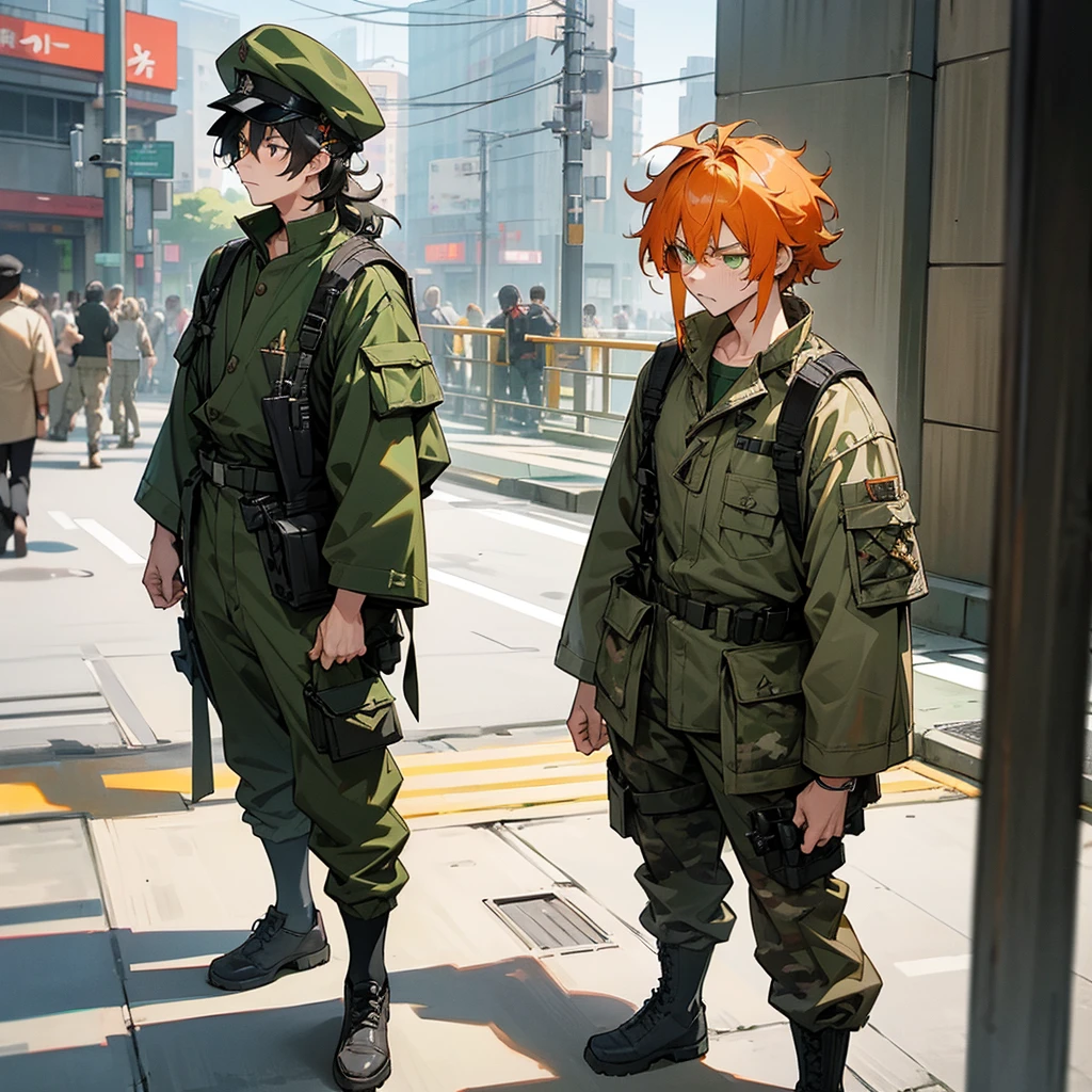 1male, adult, finely detailed green eyes, messy medium hair, two tone hair color, orange hair color, black hair color, military clothing, miltarty cap, baggy army camo pants, standing on building, day time, tokyo streets, upset expression, muscular