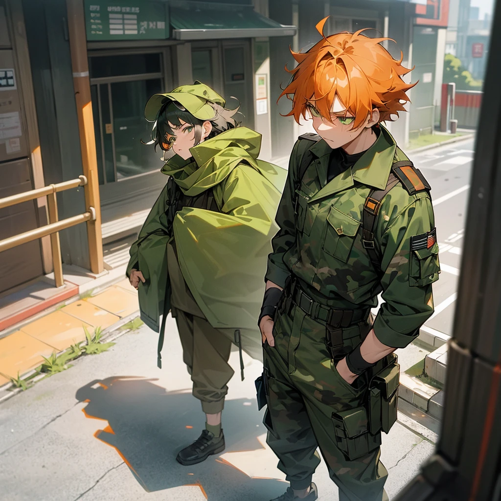 1male, adult, finely detailed green eyes, messy medium hair, two tone hair color, orange hair color, black hair color, military clothing, miltarty cap, baggy army camo pants, standing on building, day time, tokyo streets, upset expression, muscular