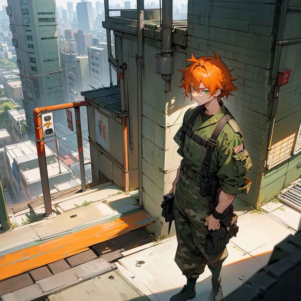 1male, adult, finely detailed green eyes, messy medium hair, two tone hair color, orange hair color, black hair color, military clothing, miltarty cap, baggy army camo pants, standing on building, day time, tokyo streets, upset expression, muscular
