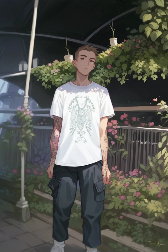 Background in beautiful garden ,tattoo on hand dark cargo pant