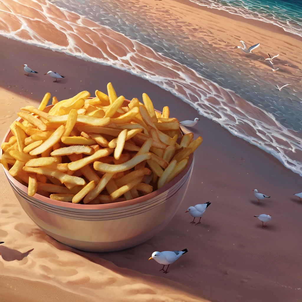 ((Masterpiece)), ((Best Quality)), (Very Detailed), ((Very Detailed)), 4K, (8K), very aesthetic, absurdres highres, A flock of seagulls landing on the sandy beach during the golden hour, with a pile of french fries at their center, detailed and specific representation
