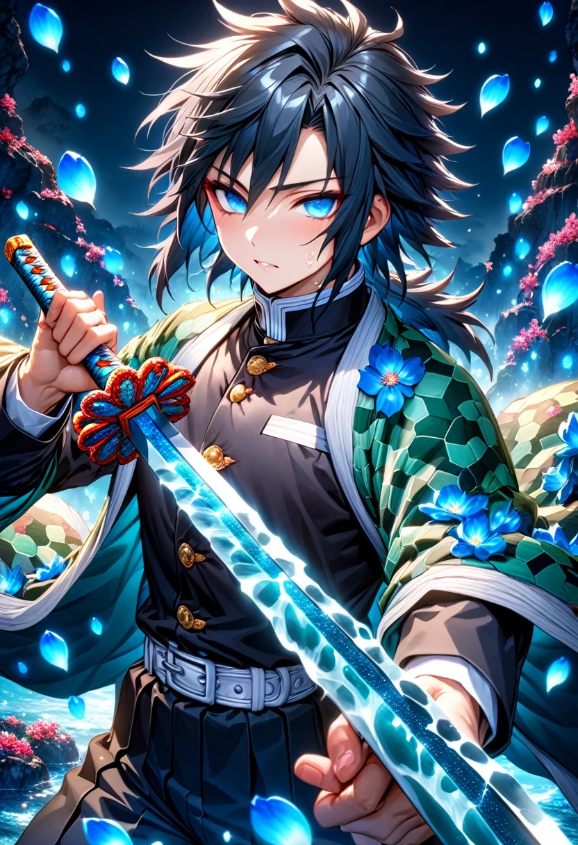 Ultra detailed, highres, absurdres, HDR, master piece, Tomioka Giyuu, black hair, expressive blue eyes, hair between the eyes, haori with patters, black demon slayer uniform, Kimetsu No Yaiba, fantasy, blue petals, blue flowers, handsome, sexy man holding a sword, solo, magical, shining blue fireflies, best quality, extremely detailed face and eyes, water, holding a sword, man