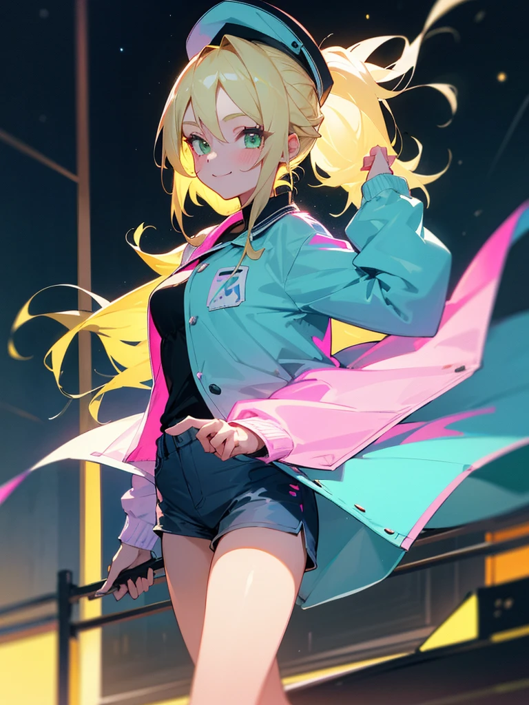 1girl, long blonde hair in a ponytail, green eyes, wearing a simple white shirt with an imprint, a pink and blue rainjacket, dark blue Shorts, slight makeup, smiling softly, black cap, walking through tokyo, absurdres, high res, ultrasharp, 8k, masterpiece, looking at store windows, starry night sky, neon city lights