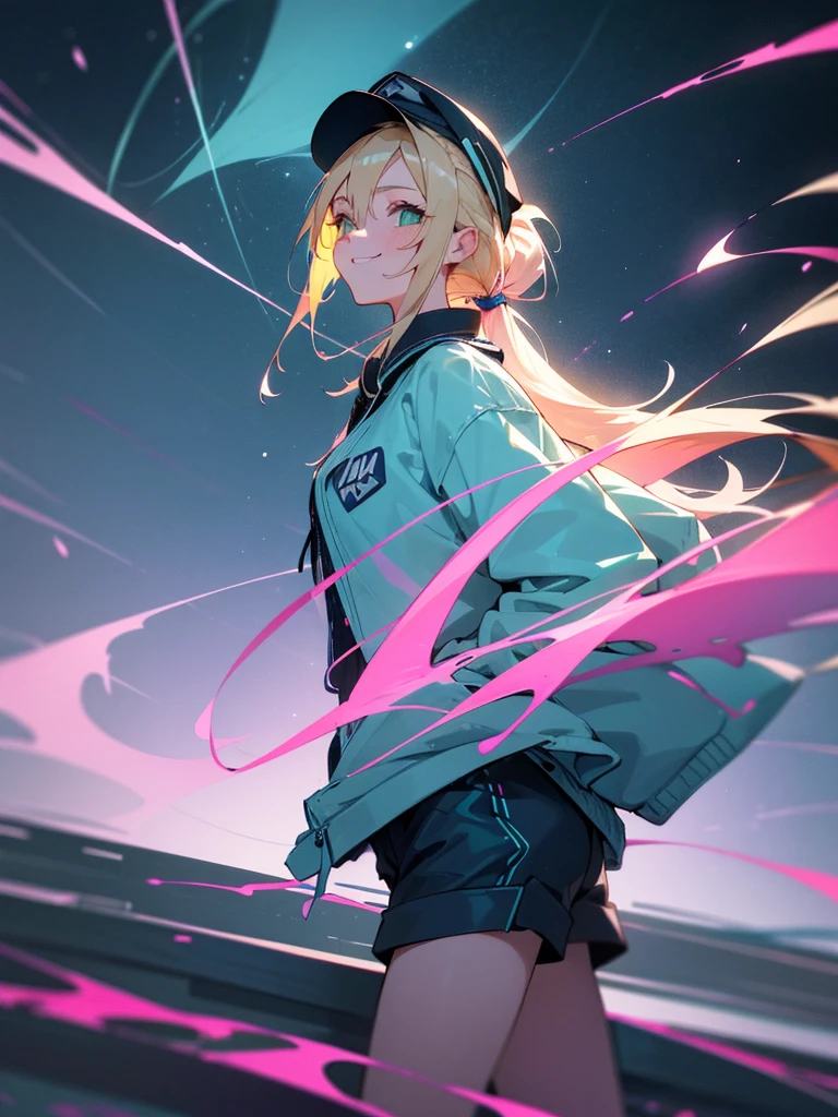 1girl, long blonde hair in a ponytail, green eyes, wearing a simple white shirt with an imprint, a pink and blue rainjacket, dark blue Shorts, slight makeup, smiling softly, black cap, walking through tokyo, absurdres, high res, ultrasharp, 8k, masterpiece, looking at store windows, starry night sky, neon city lights