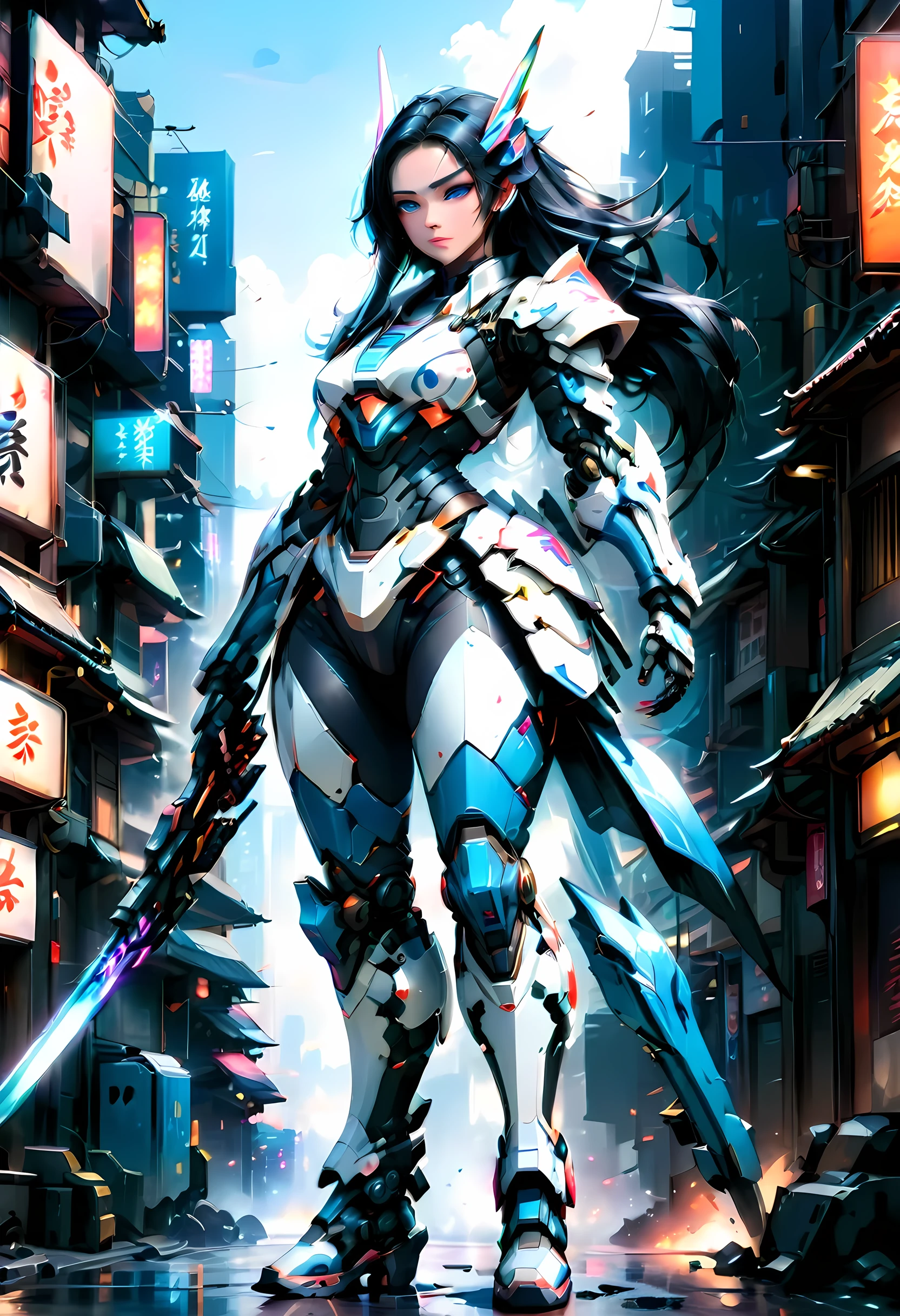 Japanese water color art picture of a mecha samurai woman in cyberpunk city, a mecha samurai woman, exquisite beautiful woman, (fully clothed: 1.3), black hair, long hair, (blue eyes: 1.3), she stands ready to battle, wearing (white mecha armor: 1.3), high heeled boots, she is armed with a Japanese sword, Japanese Cyberpunk city at night, background, (Masterpiece: 1.5), 16k, highres, best quality, high details, ultra detailed, masterpiece, best quality, (extremely detailed), arafed, mecha,