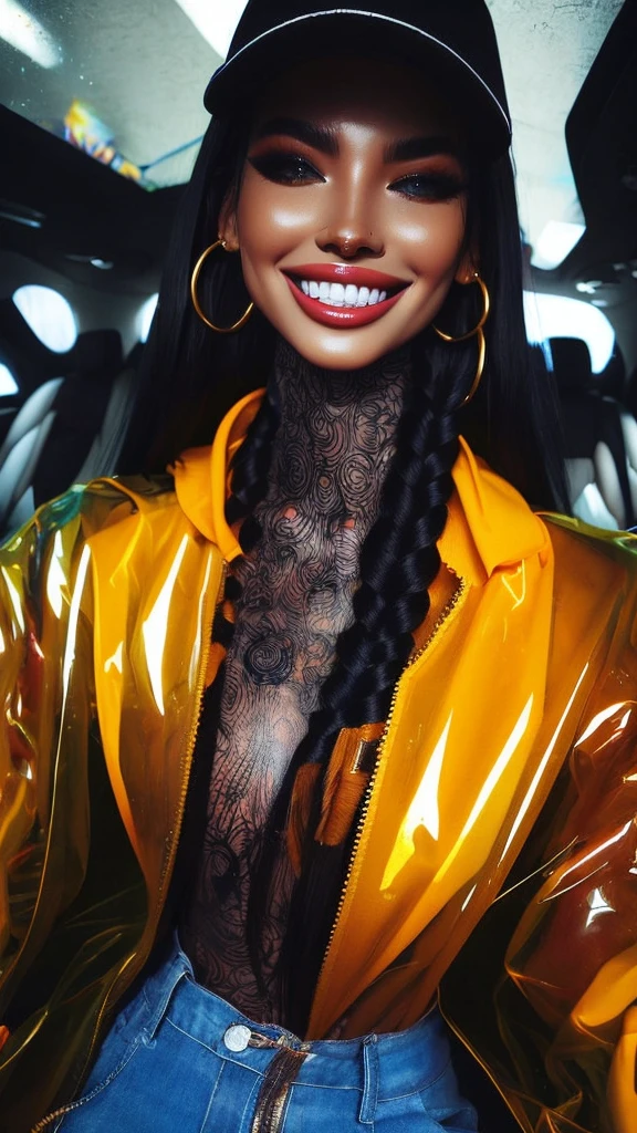 Jubilee,short black hair, brown eyes, solo, standing,  upper body,     covered nipples,   smile, 
jubJak,  open yellow jacket, purple shades on head, hoop earrings ,blue gloves, pink shirt, 
streets, chain fence,  retro,  graffiti, 
 (insanely detailed, beautiful detailed face, masterpiece, beautiful detailed eyes, best quality)