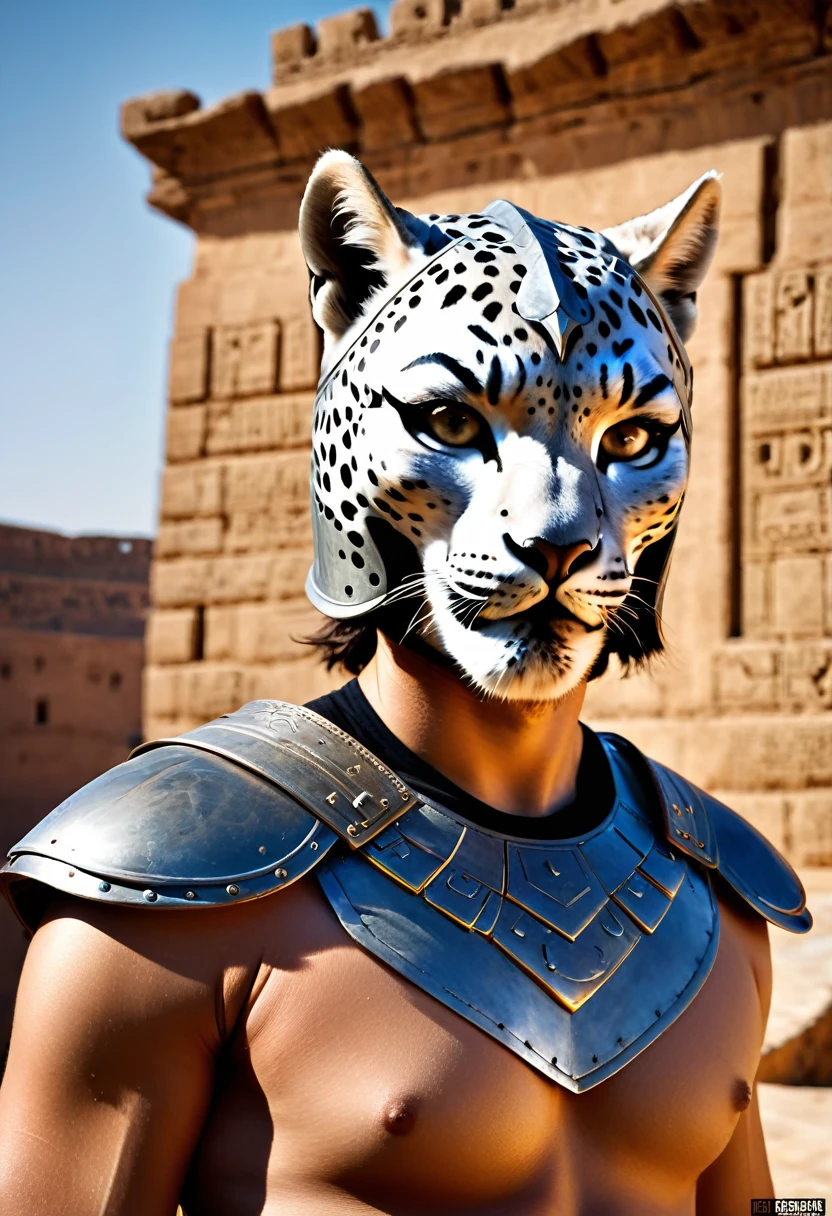 Here is the Portuguese translation:

((not a human, angry male snow leopard in epic egyptian armor,a worn-out hood with runes and a highly technological helmet)), (olhos  brilhantes), foto crua, (landscape with a stunningly epic skyline of ancient valley and a temple), obra-prima, Nordic, , Melhor qualidade, dynamic position, ultra detalhado, Placas de metal, ferrugem, corpo inteiro, rastro de luz, dramatic lighting, tom vermelho, cabelo curto, Fotorrealista, Ultrarrealista, hiper-detalhado, analog style, soft lighting, espalhamento subsuperficial, Realista, Sombra pesada, obra-prima, Melhor qualidade, ultra Realista, 8K, alto detalhe, analog photography, foco suave, (Close-up de frente a frente)