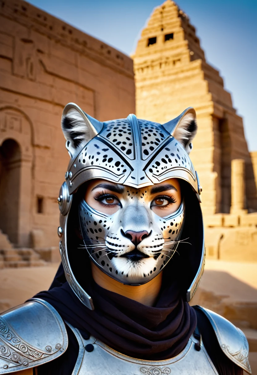 Here is the Portuguese translation:

((not a human, angry male snow leopard in epic egyptian armor,a worn-out hood with runes and a highly technological helmet)), (olhos  brilhantes), foto crua, (landscape with a stunningly epic skyline of ancient valley and a temple), obra-prima, Nordic, , Melhor qualidade, dynamic position, ultra detalhado, Placas de metal, ferrugem, corpo inteiro, rastro de luz, dramatic lighting, tom vermelho, cabelo curto, Fotorrealista, Ultrarrealista, hiper-detalhado, analog style, soft lighting, espalhamento subsuperficial, Realista, Sombra pesada, obra-prima, Melhor qualidade, ultra Realista, 8K, alto detalhe, analog photography, foco suave, (Close-up de frente a frente)