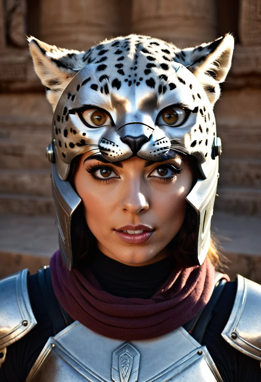 Here is the Portuguese translation:

((not a human, angry male snow leopard in epic egyptian armor,a worn-out hood with runes and a highly technological helmet)), (olhos  brilhantes), foto crua, (landscape with a stunningly epic skyline of ancient valley and a temple), obra-prima, Nordic, , Melhor qualidade, dynamic position, ultra detalhado, Placas de metal, ferrugem, corpo inteiro, rastro de luz, dramatic lighting, tom vermelho, cabelo curto, Fotorrealista, Ultrarrealista, hiper-detalhado, analog style, soft lighting, espalhamento subsuperficial, Realista, Sombra pesada, obra-prima, Melhor qualidade, ultra Realista, 8K, alto detalhe, analog photography, foco suave, (Close-up de frente a frente)