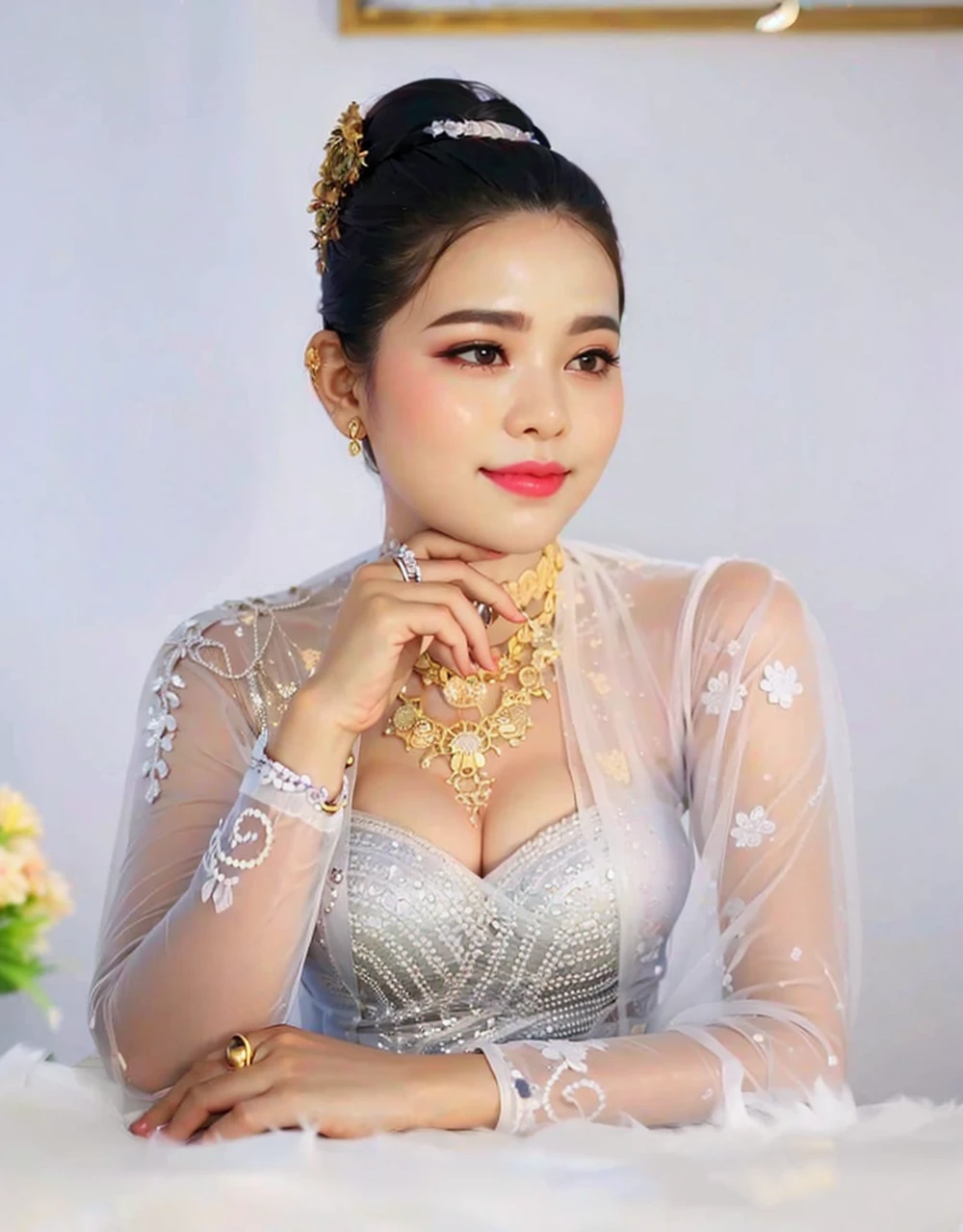 Myanmar outfit ,high quallity realistic photo,1girl, yellow teacher outfit, dark hair, white skin, light brown hair ornament,  yellow lace clothes,bride suit,longyi,burmese girl,wedding dress, high heel shoe, long legs, transparent lace ,sexy post