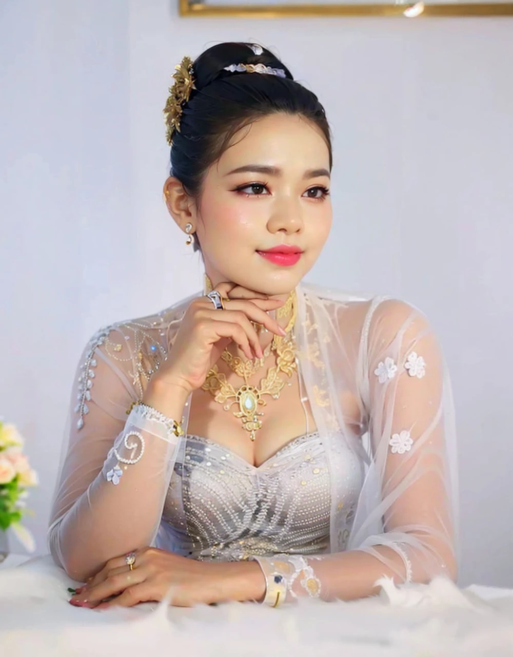Myanmar outfit ,high quallity realistic photo,1girl, yellow teacher outfit, dark hair, white skin, light brown hair ornament, yellow lace clothes,bride suit,longyi,burmese girl,wedding dress, high heel shoe, long legs, transparent lace ,sexy post