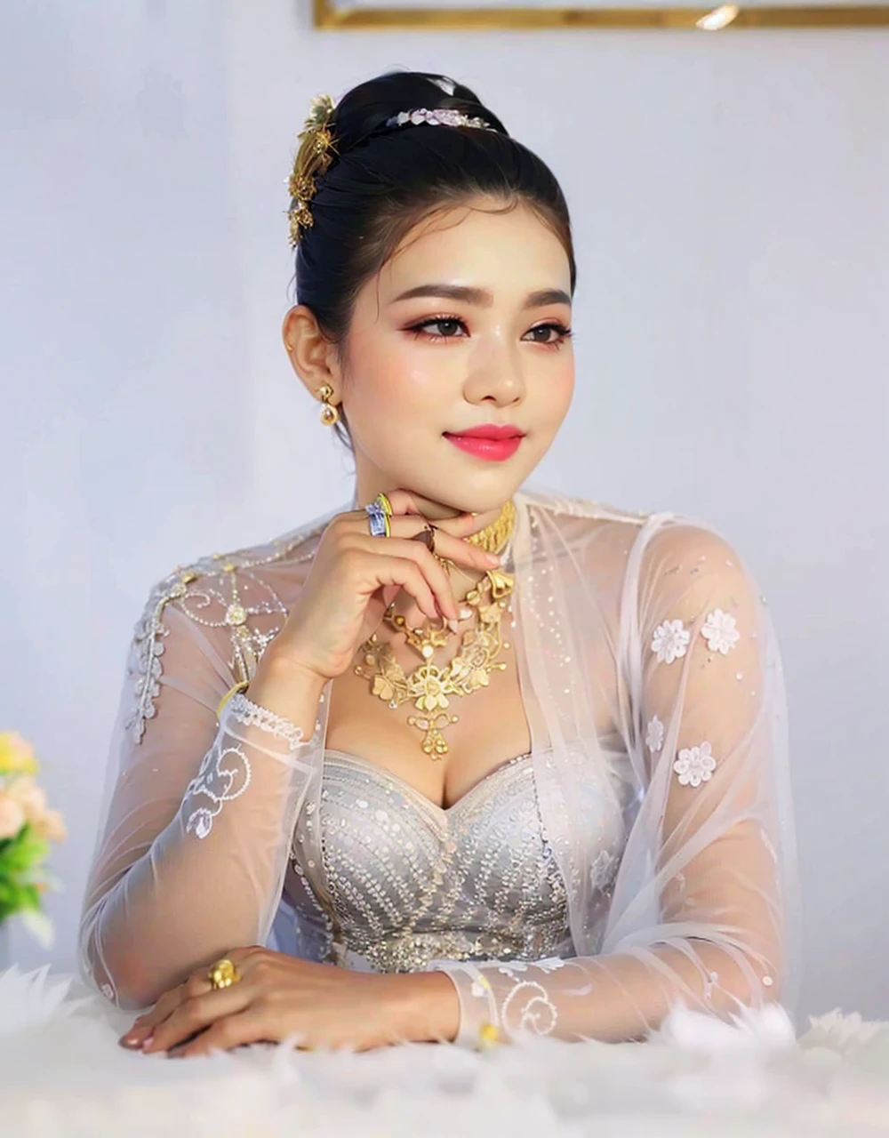 Myanmar outfit ,high quallity realistic photo,1girl, yellow teacher outfit, dark hair, white skin, light brown hair ornament, yellow lace clothes,bride suit,longyi,burmese girl,wedding dress, high heel shoe, long legs, transparent lace ,sexy post