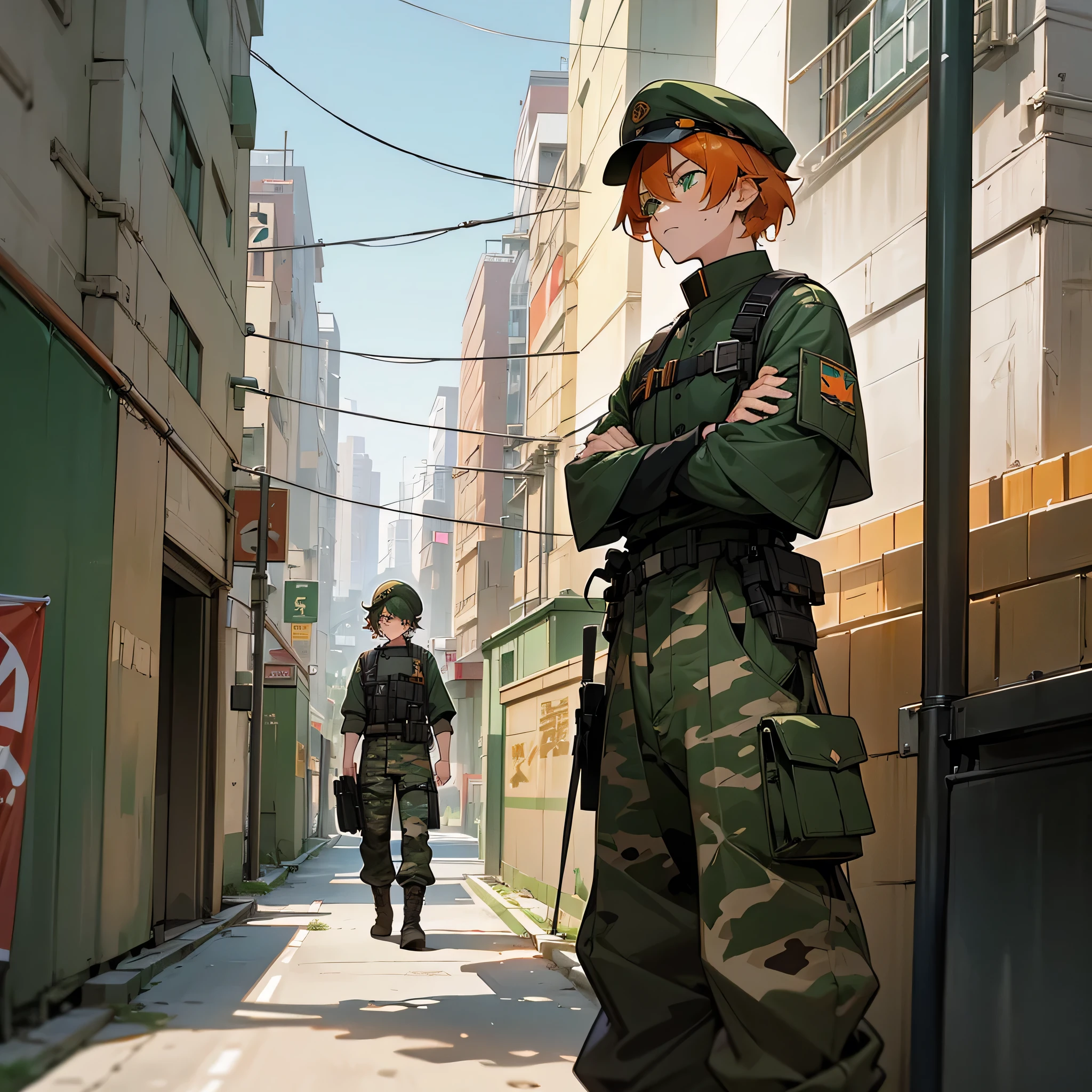 1male, adult, finely detailed green eyes, messy medium hair, two tone hair color, orange hair color, black hair color, military clothing, miltarty cap, baggy army camo pants, standing on building, day time, tokyo streets, upset expression, muscular