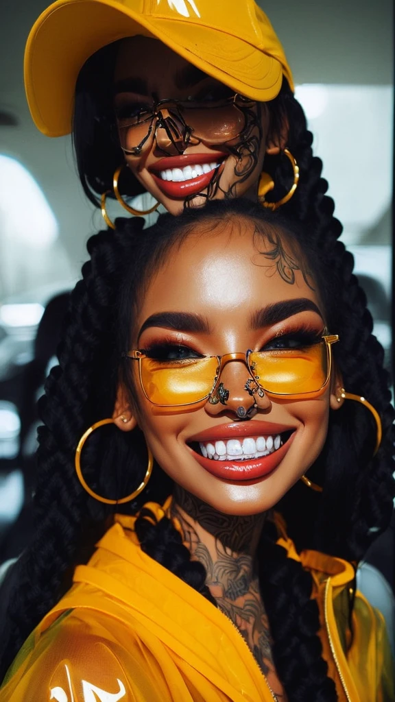Jubilee,short black hair, brown eyes, solo, standing, upper body, covered nipples, smile,
jubJak, open yellow jacket, purple shades on head, hoop earrings ,blue gloves, pink shirt,
streets, chain fence, retro, graffiti,
(insanely detailed, beautiful detailed face, masterpiece, beautiful detailed eyes, best quality)