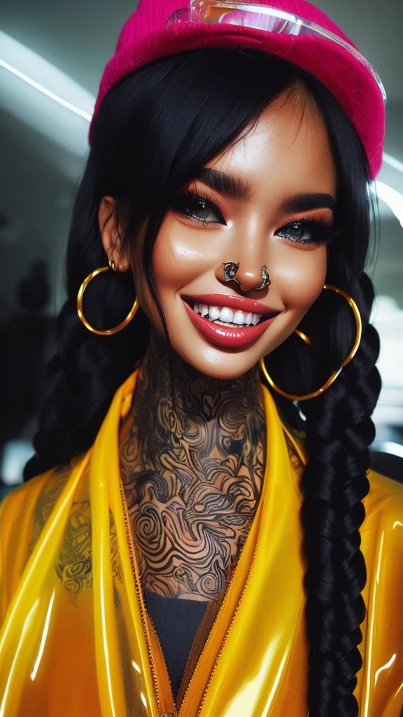 Jubilee,short black hair, brown eyes, solo, standing,  upper body,     covered nipples,   smile, 
jubJak,  open yellow jacket, purple shades on head, hoop earrings ,blue gloves, pink shirt, 
streets, chain fence,  retro,  graffiti, 
 (insanely detailed, beautiful detailed face, masterpiece, beautiful detailed eyes, best quality)