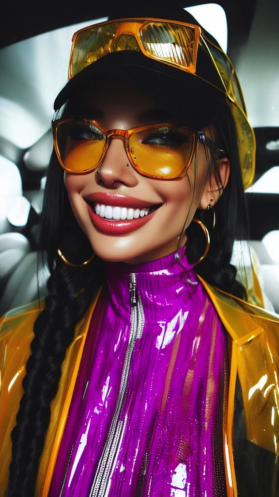 Jubilee,short black hair, brown eyes, solo, standing,  upper body,     covered nipples,   smile, 
jubJak,  open yellow jacket, purple shades on head, hoop earrings ,blue gloves, pink shirt, 
streets, chain fence,  retro,  graffiti, 
 (insanely detailed, beautiful detailed face, masterpiece, beautiful detailed eyes, best quality)