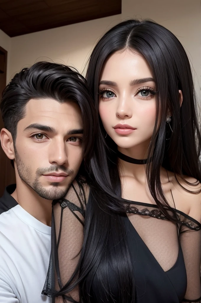 Um casal, um moreno. Do olhos amendoados e cabelos ondulas com cachos preto, forte. She's a tall, thin woman with a beautiful model body., cabelos cacheados um loiro escuro e olhos verdes