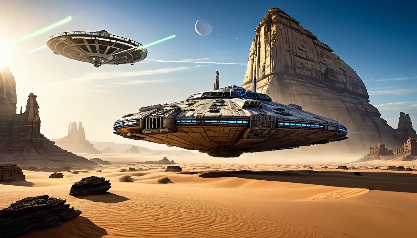 “In a desert landscape beneath a vast sky, towering rock formations rise. The iconic Star Wars Millennium Falcon flies overhead. In the foreground, a large, futuristic bus-like vehicle is parked on the sandy terrain. Saturn-like rings adorn the sky, adding a surreal touch. Include the ‘Star Wars,Camera angle: The camera is positioned at a slightly upward angle, capturing the grandeur of the rock formations and the vastness of the sky. Lighting: The sun is setting, creating warm, golden light that bathes the landscape. Shadows cast by the rocks are elongated. Millennium Falcon details: The Millennium Falcon is flying toward the horizon, with its rear thrusters emitting a characteristic blue glow. Details like laser cannons and the ship’s panels should be visible. Futuristic vehicle: The vehicle parked in the foreground has large windows and an aerodynamic design. It may have retractable wheels or float slightly above the ground. Saturn-like rings: The translucent rings resembling those of Saturn extend across the sky, creating a magical effect. Sand texture: The desert sand has a granulated texture, with small dunes formed by the wind.hyper realistic composition,32k resolution,cinematic composition,cinematic color grading.photography whit Phaseone 35mm,death of field lens.