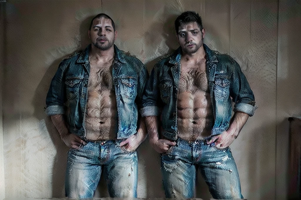 A foto mostra dois homens robustos, carecas e peludos, exibindo corpos super barrigudos. They are both wearing only jeans, leaving their torsos exposed. Their expressions are serious and confident, with an imposing and charmingly masculine presence. They are entering a dark and dirty brothel room