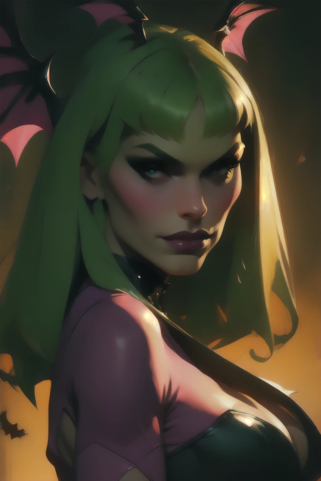 Realistic oil paint portrait of Morrigan Aensland, moonlight, hot Body, Dynamic sensual pose, soft smile, long green hair black costume , (((Bat wings))) , Hot body, athletic, ((camel toes)), purple legs, detailed skin Textures, intricate, detailed face, hyperrealistic, realistic light and shadows , ((cinematic lighting)) . Poetic moon lighting background.