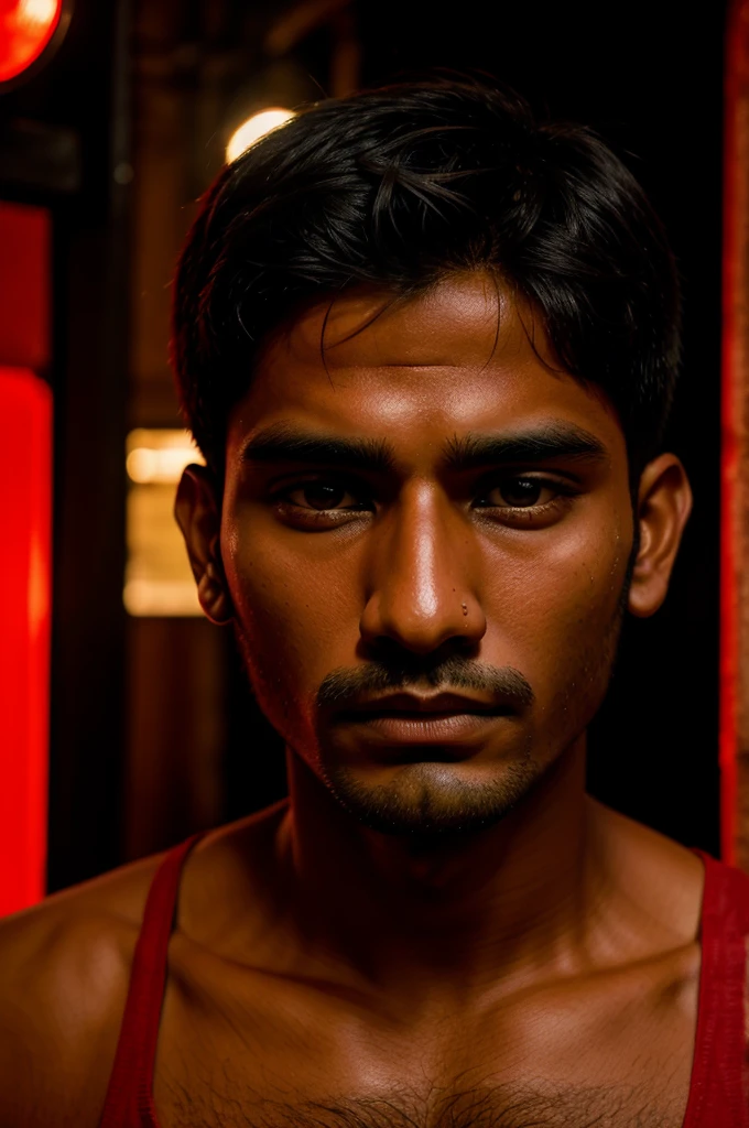 21old Indian boy narrow face red light in background