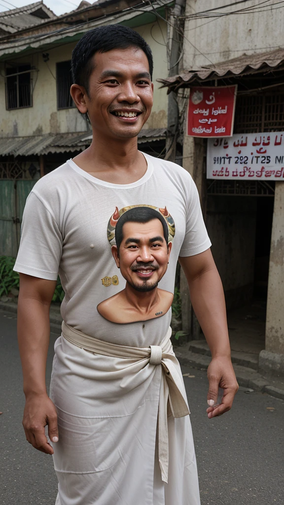 4D caricature, realistic, an Indonesian man aged 25 years, short hair, clean and smooth oval face, wearing a sarong and a t-shirt that says "Eid Al-Adha", pulling a smiling cow on the village street, dramatic, wide shot