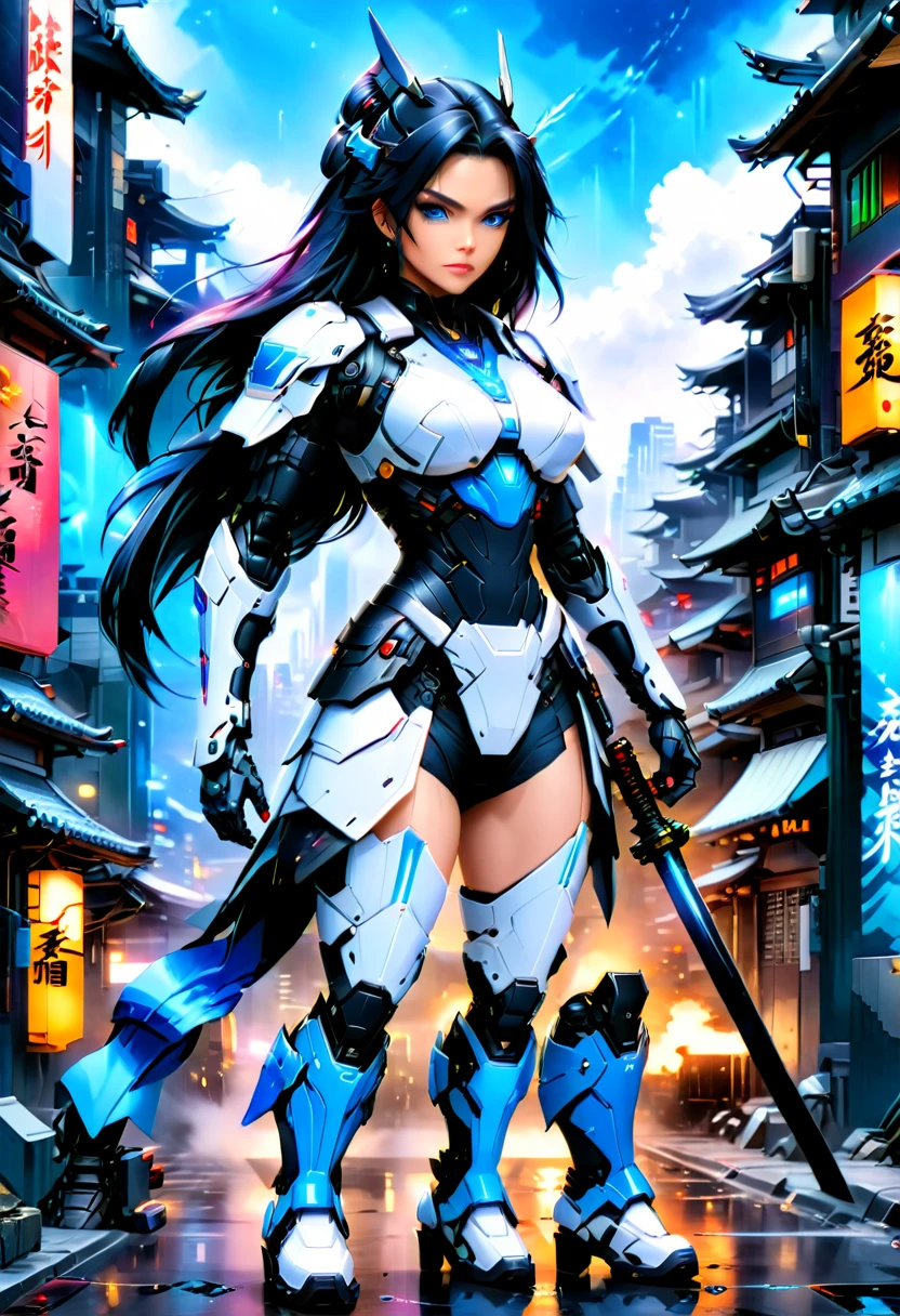 Japanese water color art picture of a mecha samurai woman in cyberpunk city, a mecha samurai woman, exquisite beautiful woman, (fully clothed: 1.3), black hair, long hair, (blue eyes: 1.3), she stands ready to battle, wearing (white mecha armor: 1.3), high heeled boots, she is armed with a Japanese sword, Japanese Cyberpunk city at night, background, (Masterpiece: 1.5), 16k, highres, best quality, high details, ultra detailed, masterpiece, best quality, (extremely detailed), arafed, mecha,