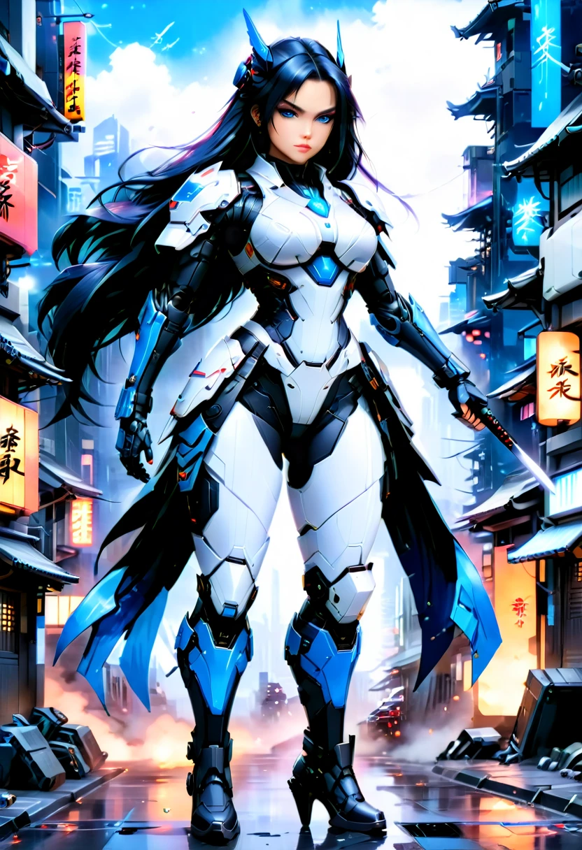 Japanese water color art picture of a mecha samurai woman in cyberpunk city, a mecha samurai woman, exquisite beautiful woman, (fully clothed: 1.3), black hair, long hair, (blue eyes: 1.3), she stands ready to battle, wearing (white mecha armor: 1.3), high heeled boots, she is armed with a Japanese sword, Japanese Cyberpunk city at night, background, (Masterpiece: 1.5), 16k, highres, best quality, high details, ultra detailed, masterpiece, best quality, (extremely detailed), arafed, mecha, 