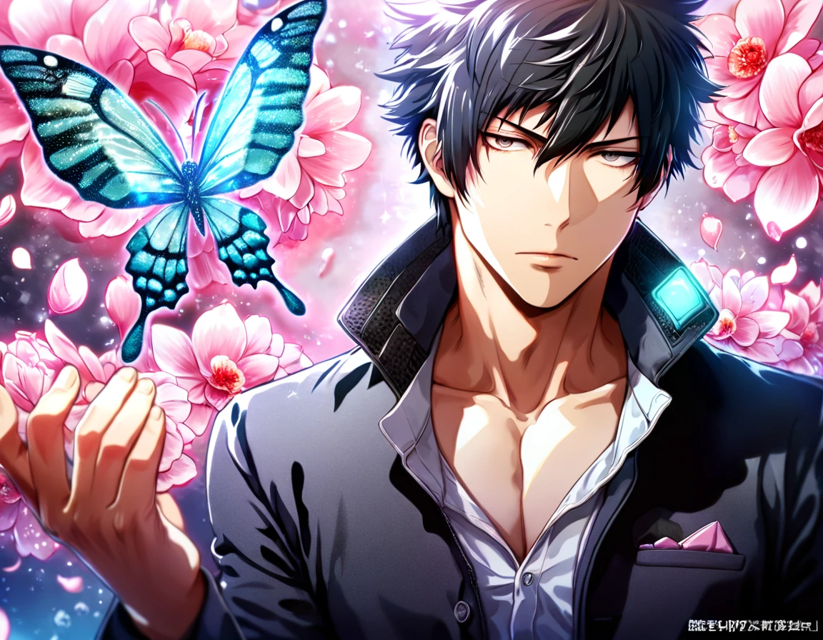 absurdres, highres, ultra detailed, HDR, master piece, best quality, Kougami Shinya, black hair, expressive gray eyes, psycho pass, solo, sexy man, handsome, black jacket, magical, fantasy, shining, pink flowers, pink blossoms, pink butterflies, pink petals, water