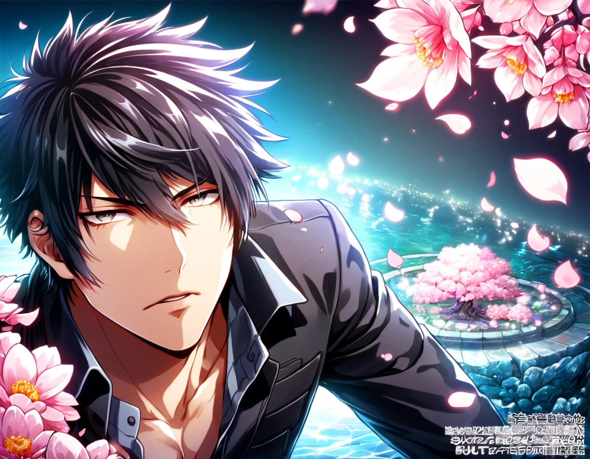 absurdres, highres, ultra detailed, HDR, master piece, best quality, Kougami Shinya, black hair, expressive gray eyes, psycho pass, solo, sexy man, handsome, black jacket, magical, fantasy, shining, pink flowers, pink blossoms, pink butterflies, pink petals, water