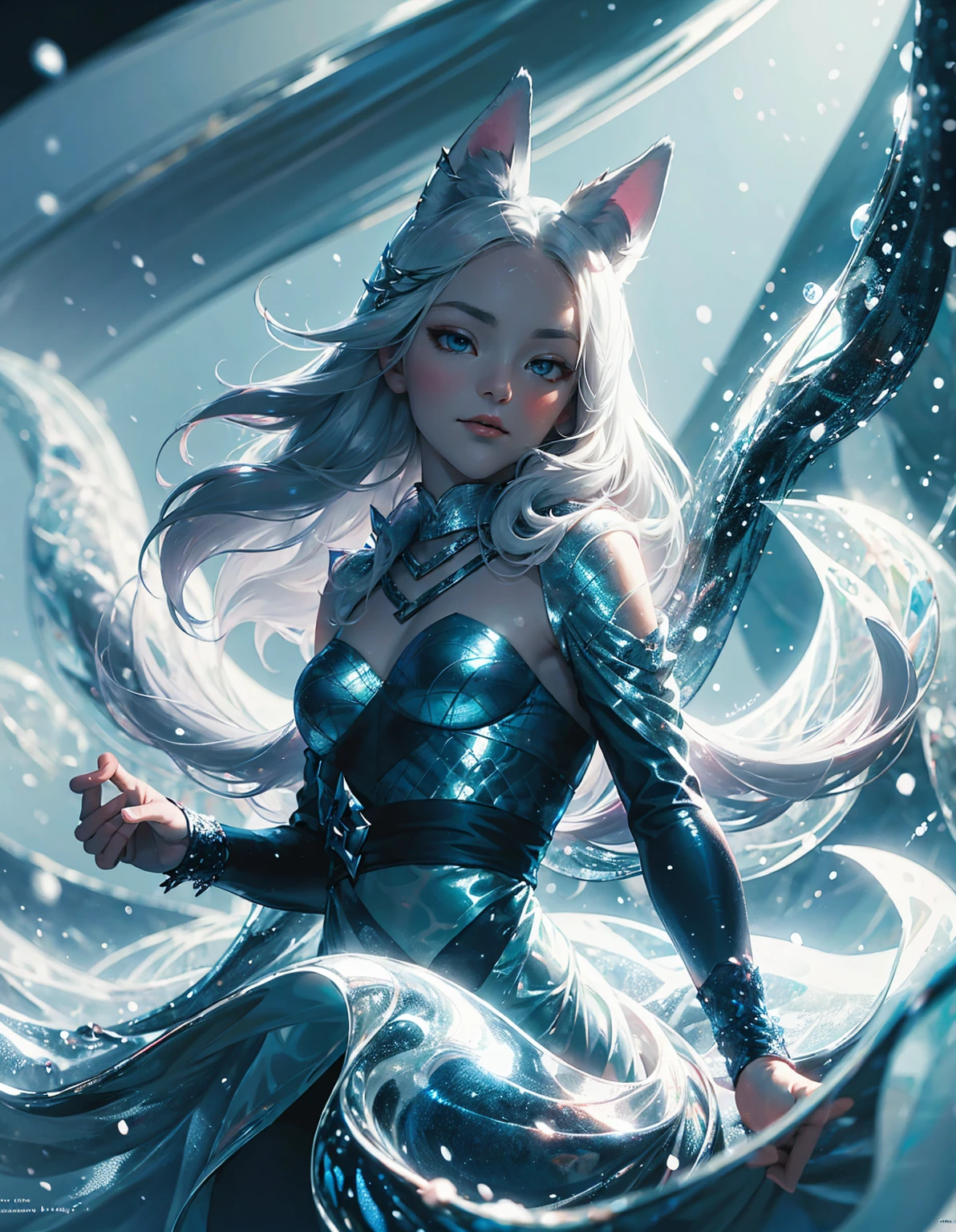 In the mysterious forest, Snow-white fox swims gracefully, his fur shimmers silvery white, and his eyes reveal wisdom and mystery. It is best to depict a side border, facing line of sight, and he loves the artistic style and infectious imagery.