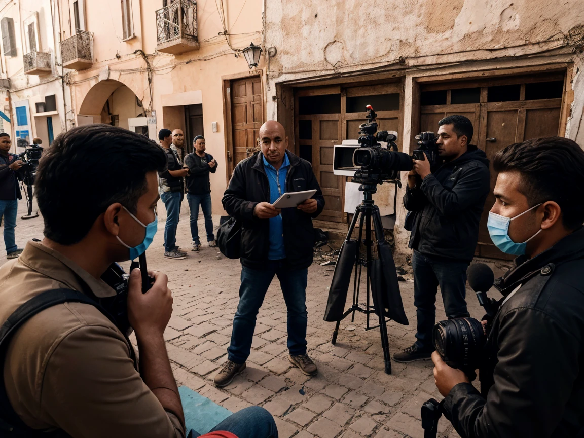 Create an image depicting the role of journalism in communicating information during a crisis in Morocco. The scene should show a bustling, partially damaged urban area with a mix of traditional and modern Moroccan architecture. In the foreground, illustrate journalists actively reporting: one journalist speaking into a microphone in front of a camera, another interviewing a local resident, and a third capturing footage with a video camera. Include elements such as a news van, microphones, and notepads. Surrounding them, depict a diverse group of people – some reading newspapers, others watching a TV set up on a temporary stand broadcasting news updates, and a few checking their mobile phones for alerts. The atmosphere should highlight the critical role of journalism in providing timely information and aiding community resilience during the crisis.