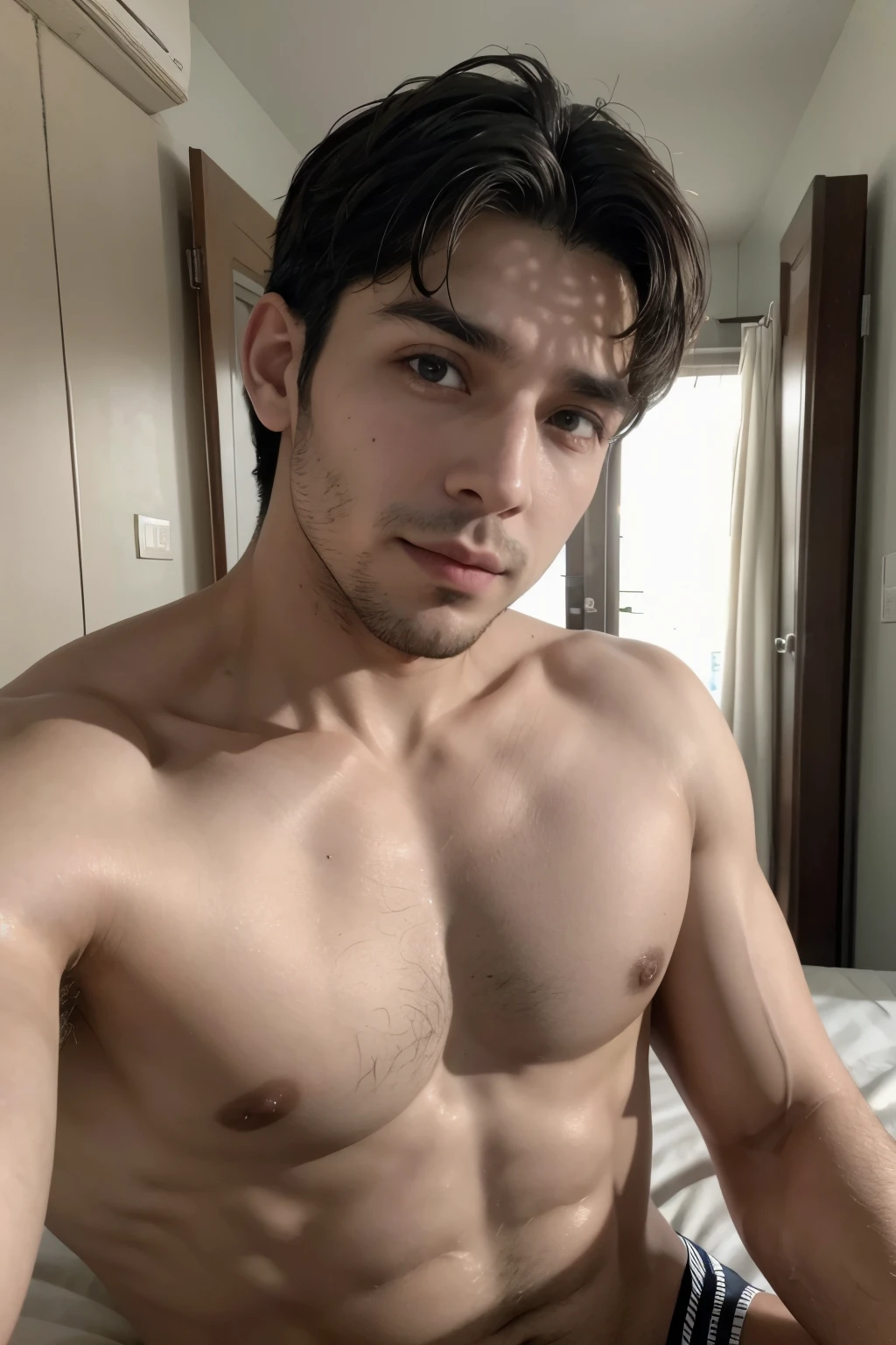 Homem bonito batendo punheta em um quarto goza loucamente