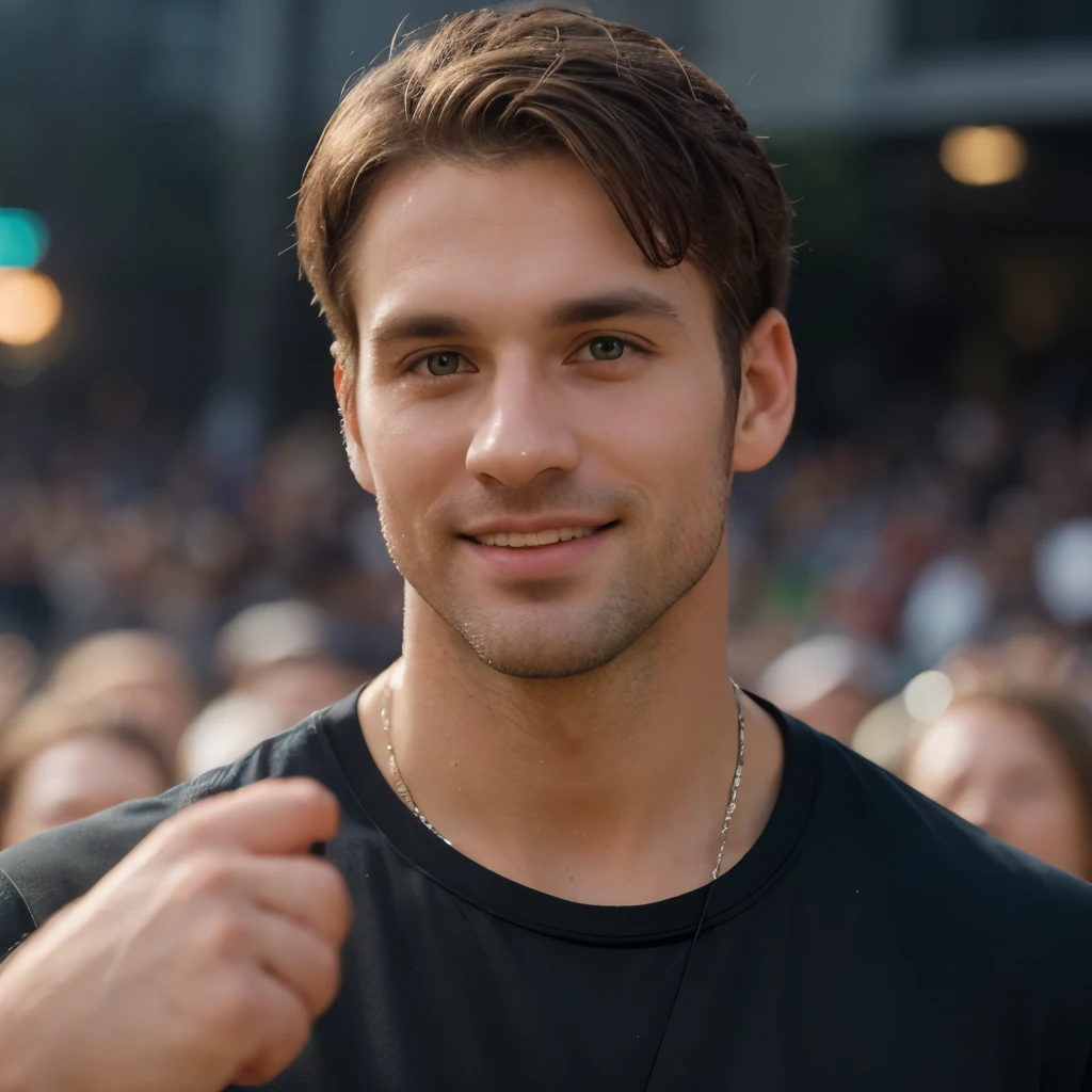 (((zoom out, upper body, handsome 35 year old desirable caucasian man with distinguished features, dancing at a concert with his girlfriend))), (black shirt, light brown medium length hair, cropped sides, clean shaved face, intriguing green eyes), athletic build, seductive smile with happy expression, detailed depiction of facial features, perfectly symmetrical face, dim overhead lighting masterfully accentuates his excellent features