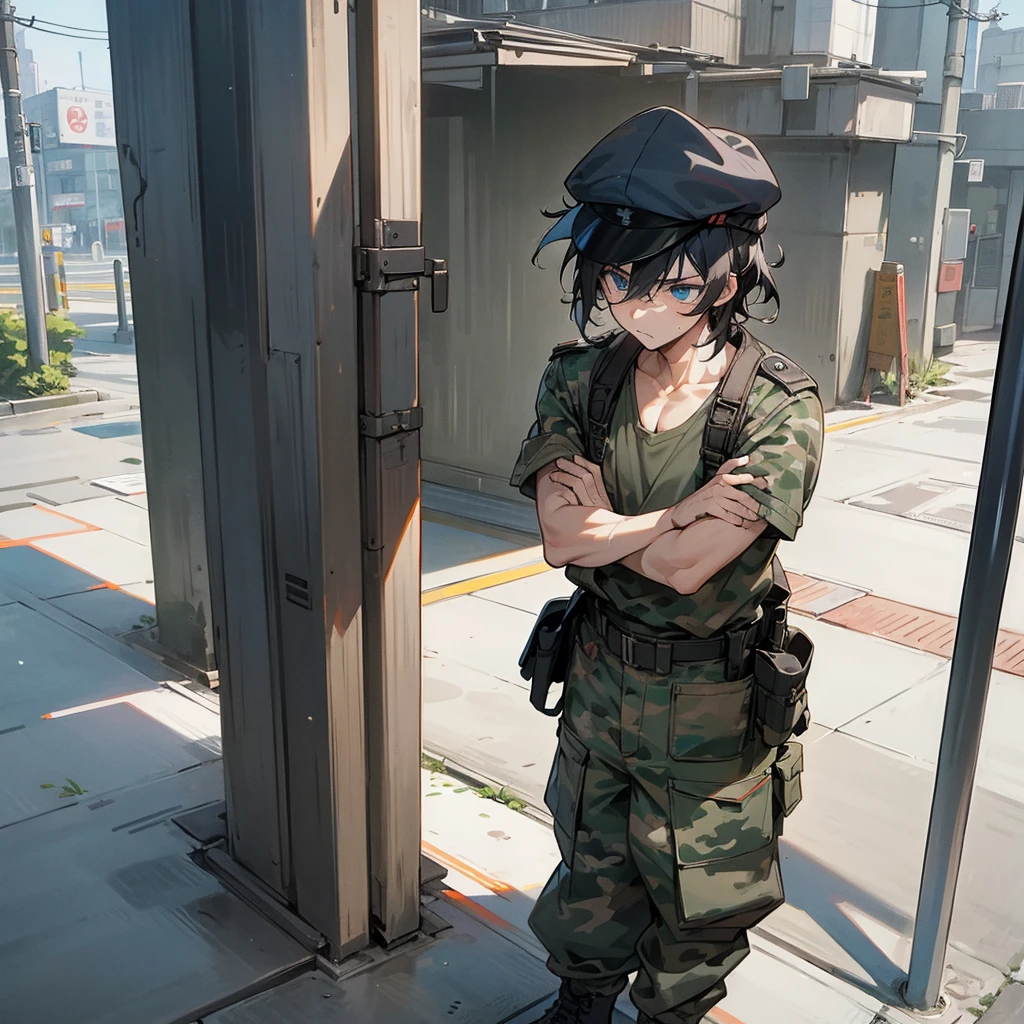 1male, adult, finely detailed blue eyes, messy medium hair, black hair color, military clothing, miltarty cap, baggy army camo pants, standing on building, day time, tokyo streets, upset expression, muscular