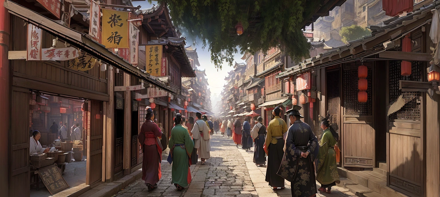 There are many pedestrians on the streets of the old town, Beautiful rendering of the Ming Dynasty, Dreamy Chinatown, traditional japanese Concept Art, old Chinese streets market, Estilo de Raphael Lacoste, China Village, The ancient city streets behind her, Dressed in vintage street clothes,Chinese streets, Concept Art matte painting, Concept Art , Height Rendering, Concept Art rendering
