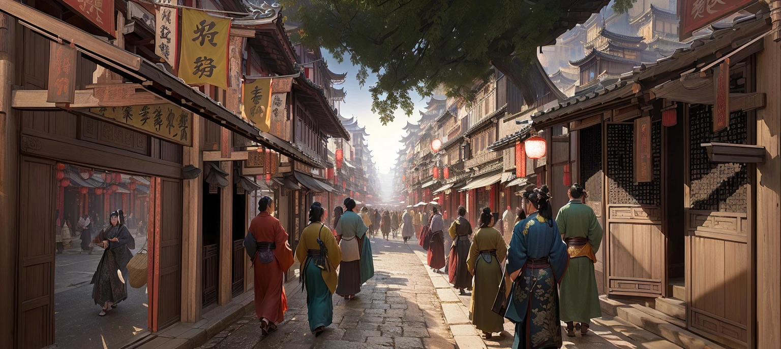 There are many pedestrians on the streets of the old town, Beautiful rendering of the Ming Dynasty, Dreamy Chinatown, traditional japanese Concept Art, old Chinese streets market, Estilo de Raphael Lacoste, China Village, The ancient city streets behind her, Dressed in vintage street clothes,Chinese streets, Concept Art matte painting, Concept Art ， Height Rendering, Concept Art rendering