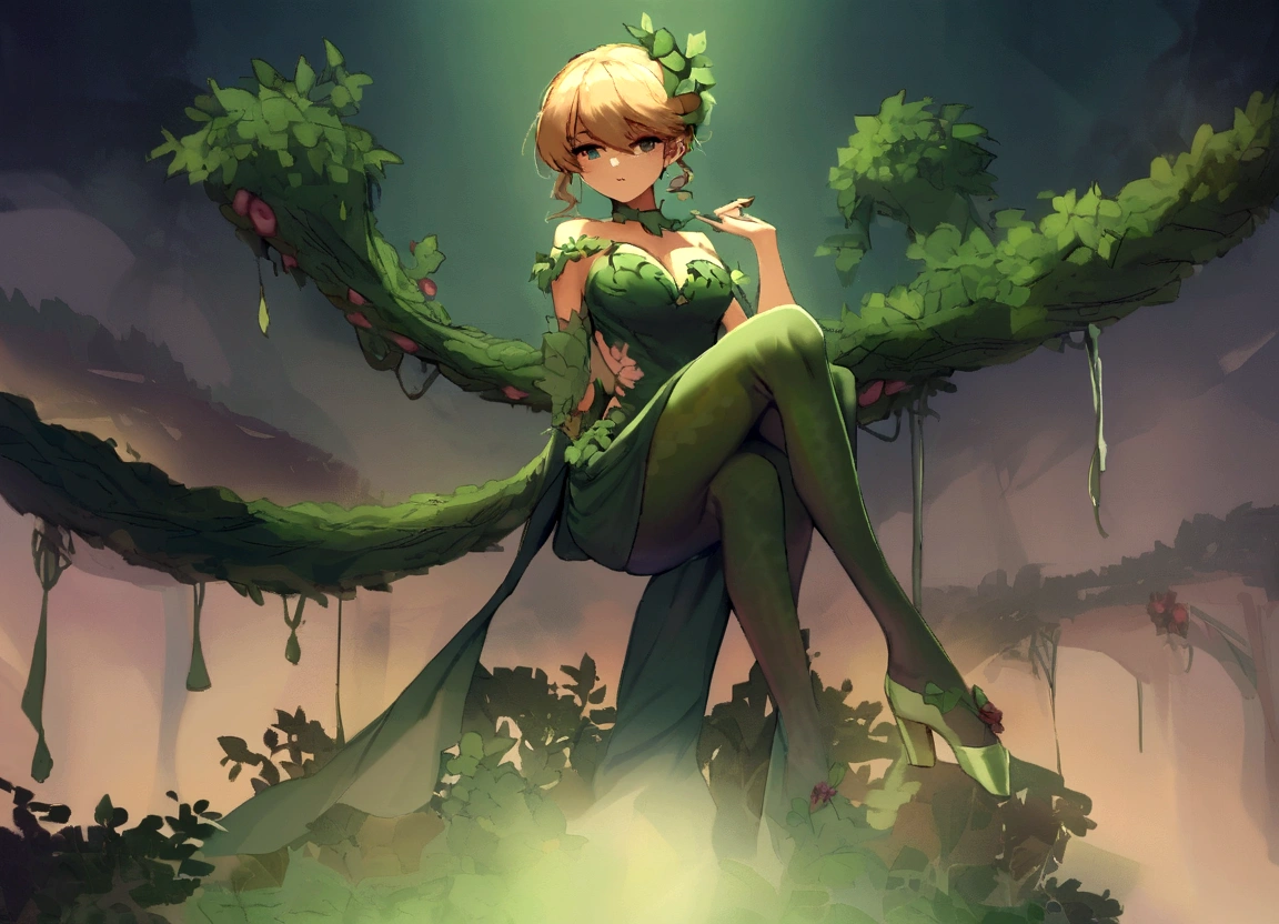 (Taylor Swift (age 25)) in the role of Poison Ivy. She has lured a lovely woman back to her green house and is in the act of seducing her. Over exposed evening dress. Helpful plant tentacles. (SFW)