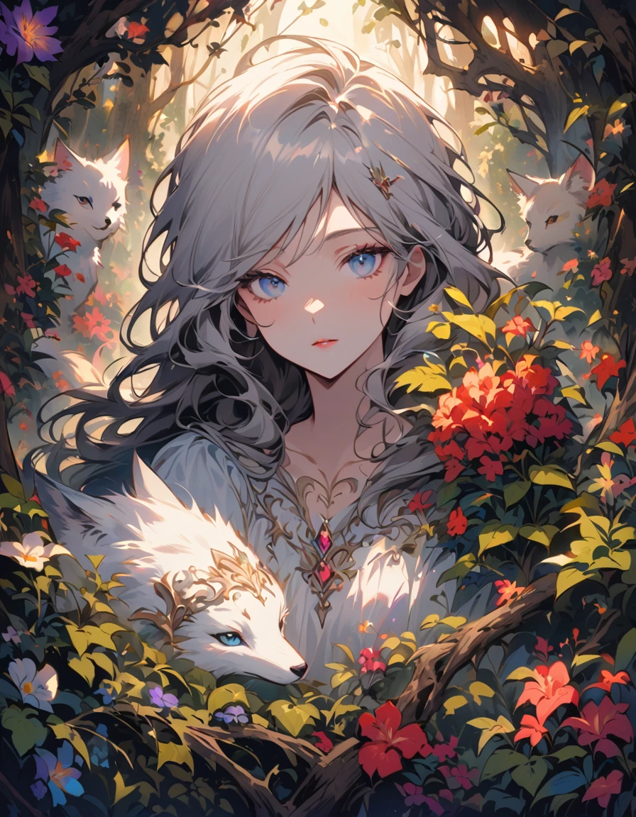In the mysterious forest, Snow-white fox swims gracefully, his fur shimmers silvery white, and his eyes reveal wisdom and mystery. It is best to depict a side border, facing line of sight, and he loves the artistic style and infectious imagery.