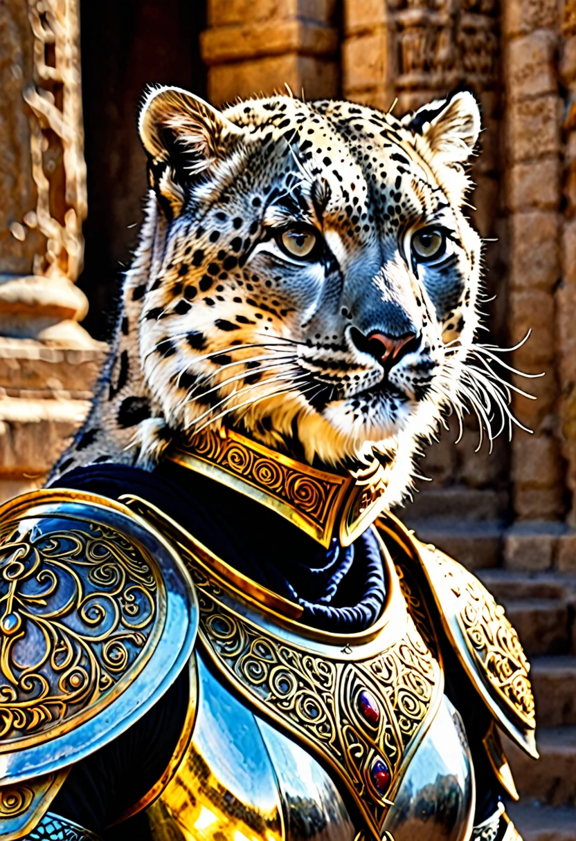 Here is the Portuguese translation:
((not a human, angry male snow leopard in epic egyptian armor,a worn-out hood with runes and a highly technological helmet)), (olhos brilhantes), foto crua, (landscape with a stunningly epic skyline of ancient valley and a temple), obra-prima, Nordic, , Melhor qualidade, dynamic position, ultra detalhado, Placas de metal, ferrugem, corpo inteiro, rastro de luz, dramatic lighting, tom vermelho, cabelo curto, Fotorrealista, Ultrarrealista, hiper-detalhado, analog style, soft lighting, espalhamento subsuperficial, Realista, Sombra pesada, obra-prima, Melhor qualidade, ultra Realista, 8K, alto detalhe, analog photography, foco suave, (Close-up de frente a frente)