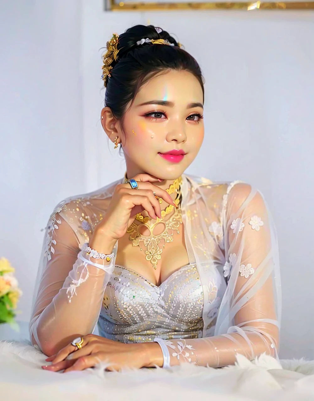 Myanmar outfit ,high quallity realistic photo,1girl, yellow teacher outfit, dark hair, white skin, light brown hair ornament,  yellow lace clothes,bride suit,longyi,burmese girl,wedding dress, high heel shoe, long legs, transparent lace ,sexy post
